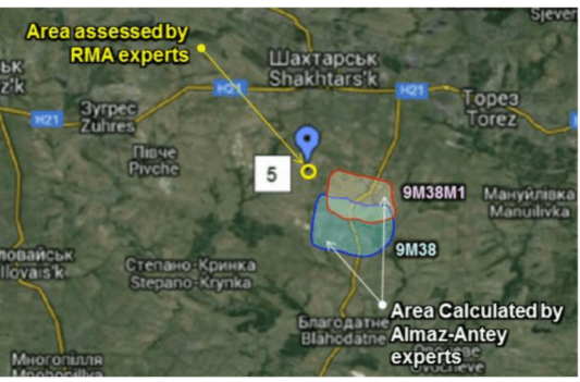 Алмаз-Антей установил примерно ту же вероятную область взрыва ракеты (но не пуска), что и бельгийцы. А вычислив место пуска, получили такой результат (Зарощенское туда попадает).