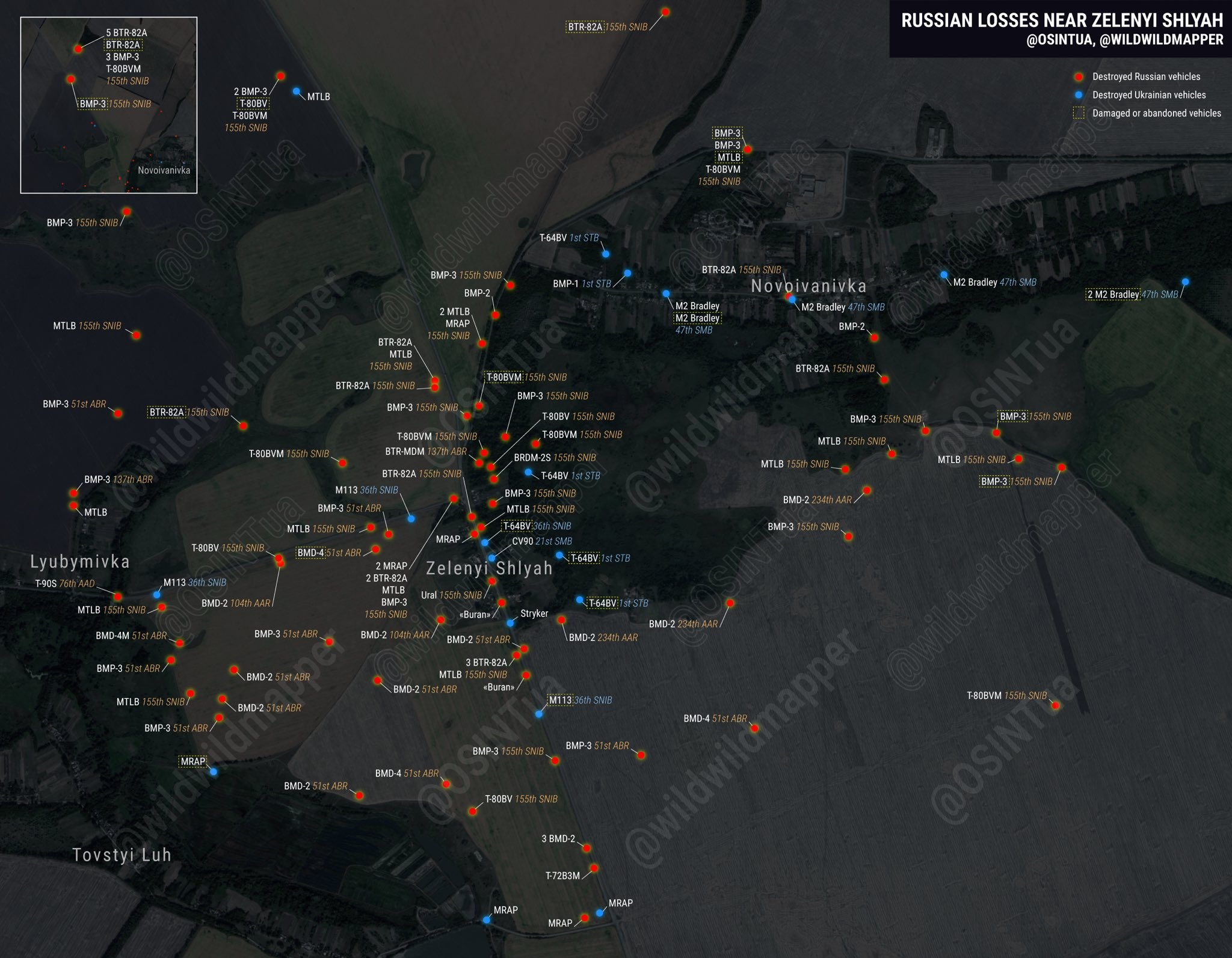 Геолоцированные потери военной техники ВС РФ и ВСУ на западном фланге украинского плацдарма в Курской области