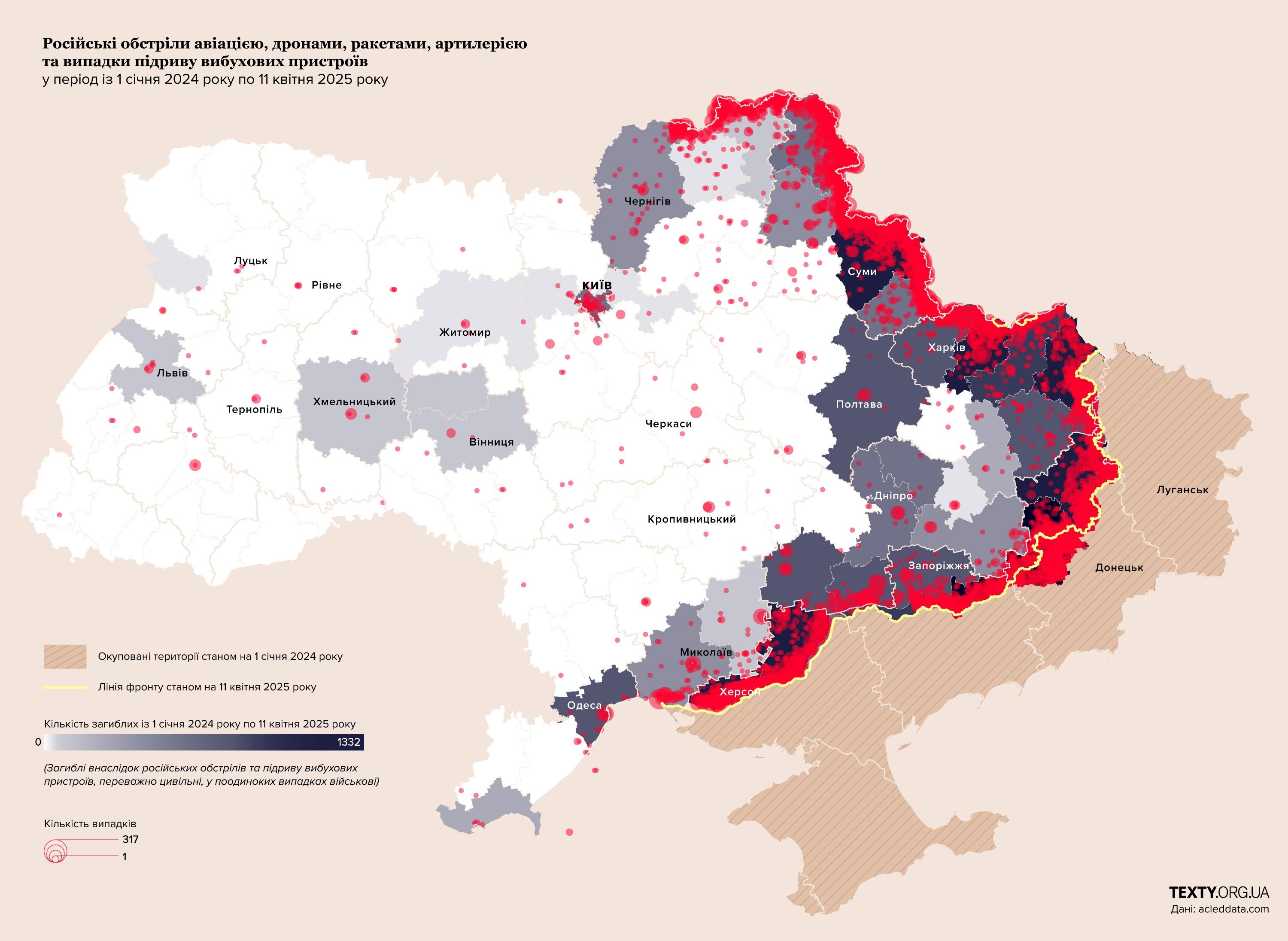 Российские обстрелы авиацией, дронами, ракетами и артиллерией с 1 января 2024 года по 11 апреля 2025 года