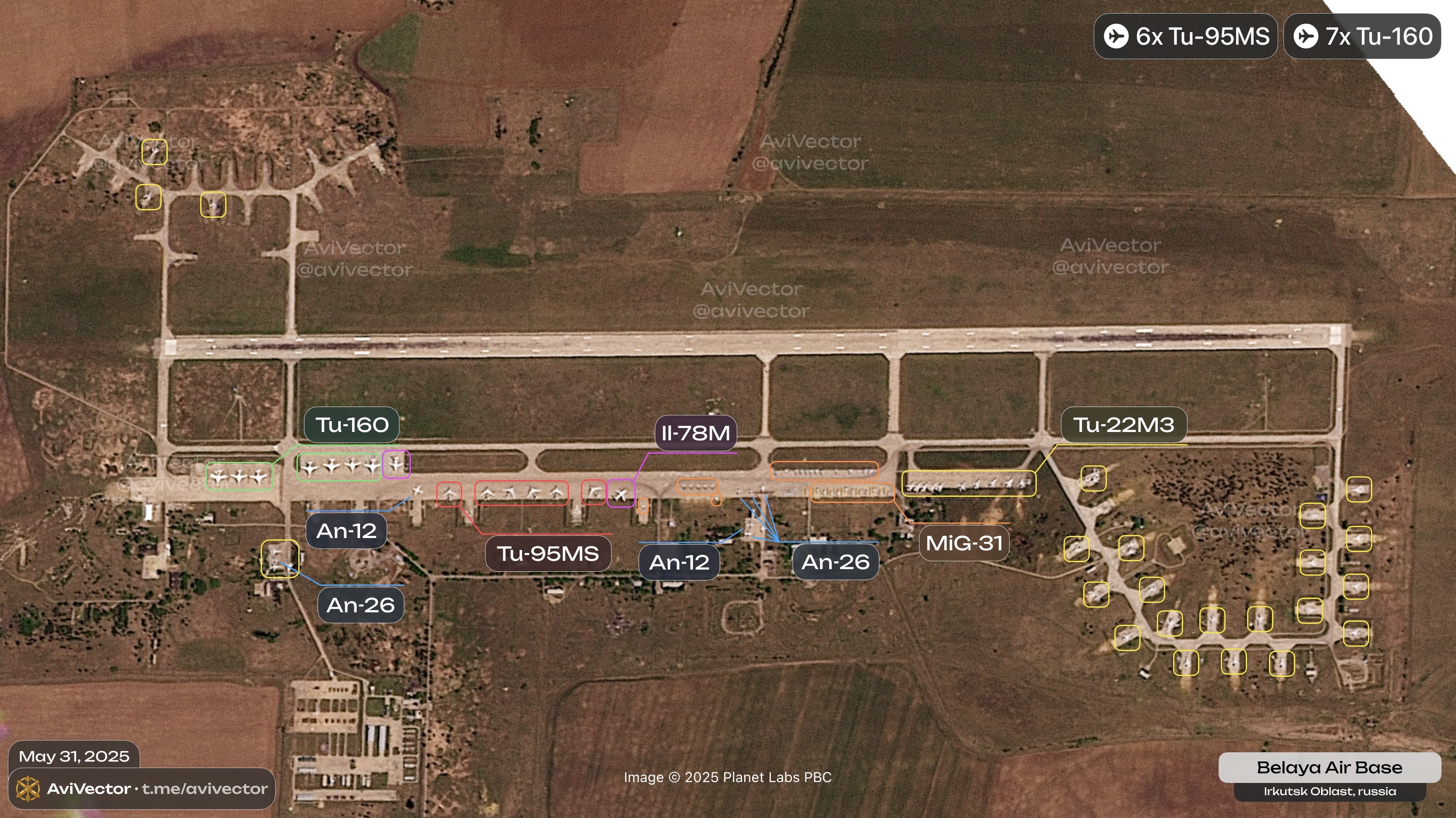 Расположение самолетов на авиабазе «Белая» на момент 31 мая