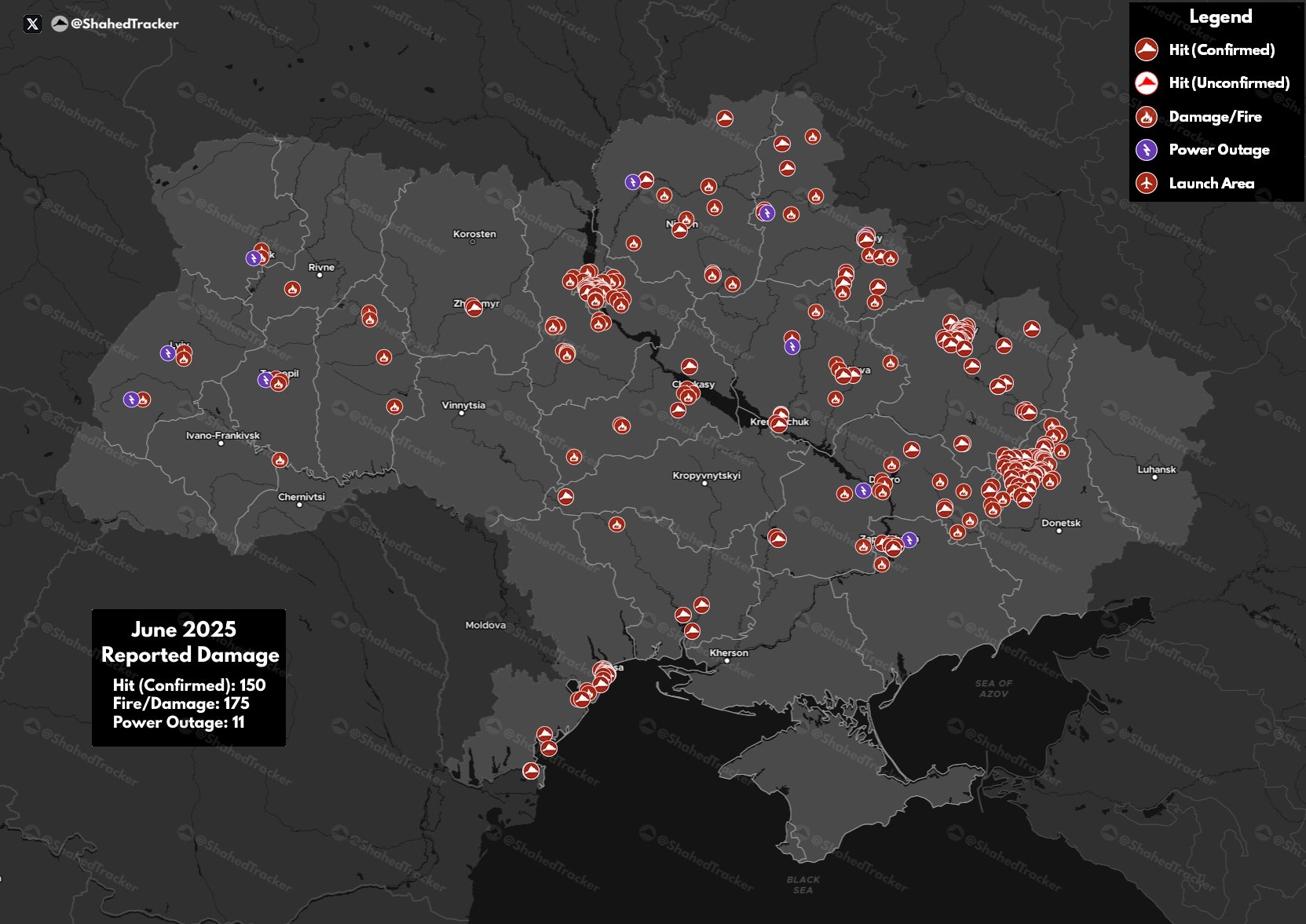 Карта ущерба от налетов беспилотников типа «Шахед» на территории Украины в июне 2025 года