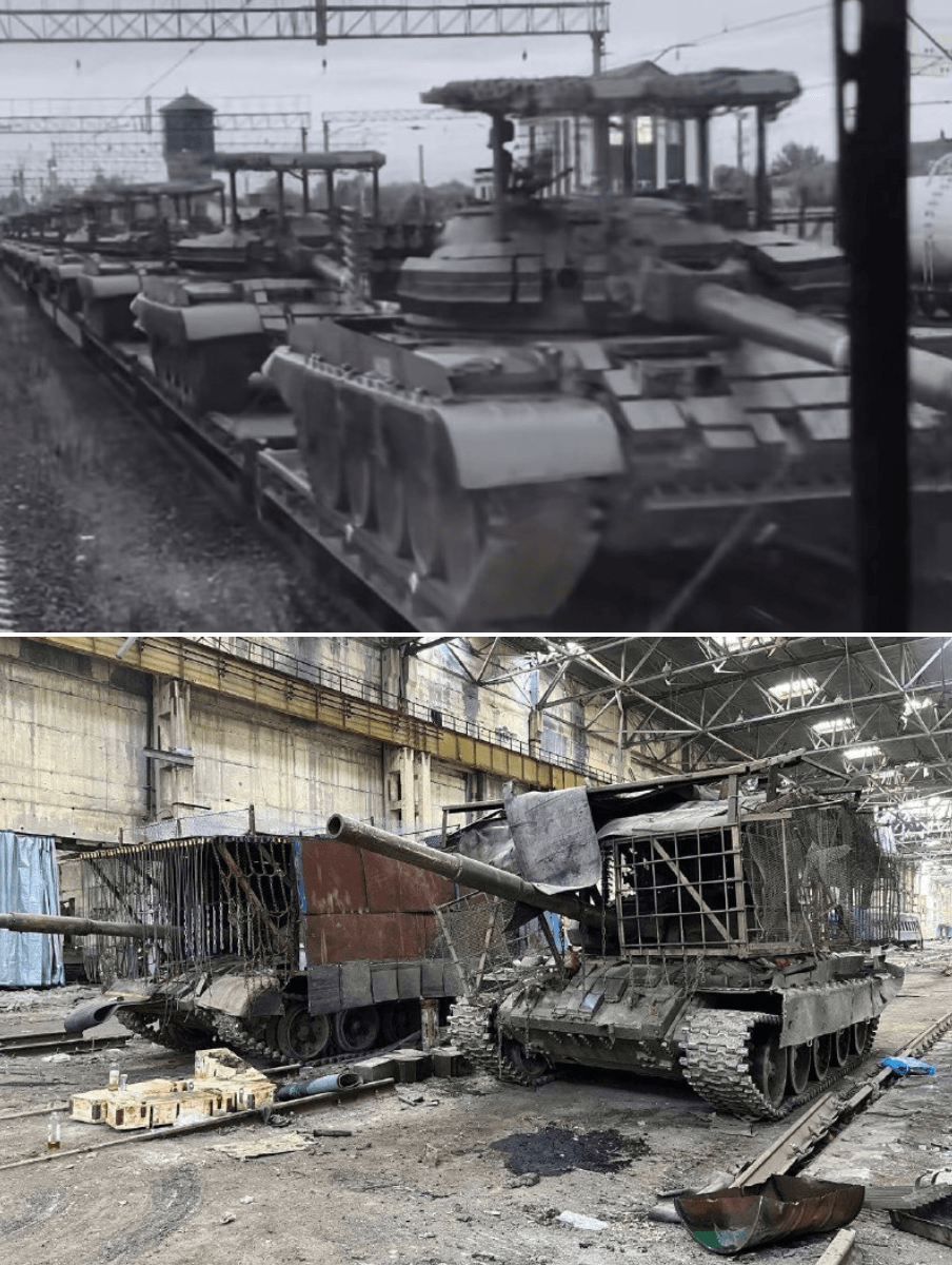 Т-62М с заводскими «мангалами» и реальные «мангалы» танков, используемые на фронте