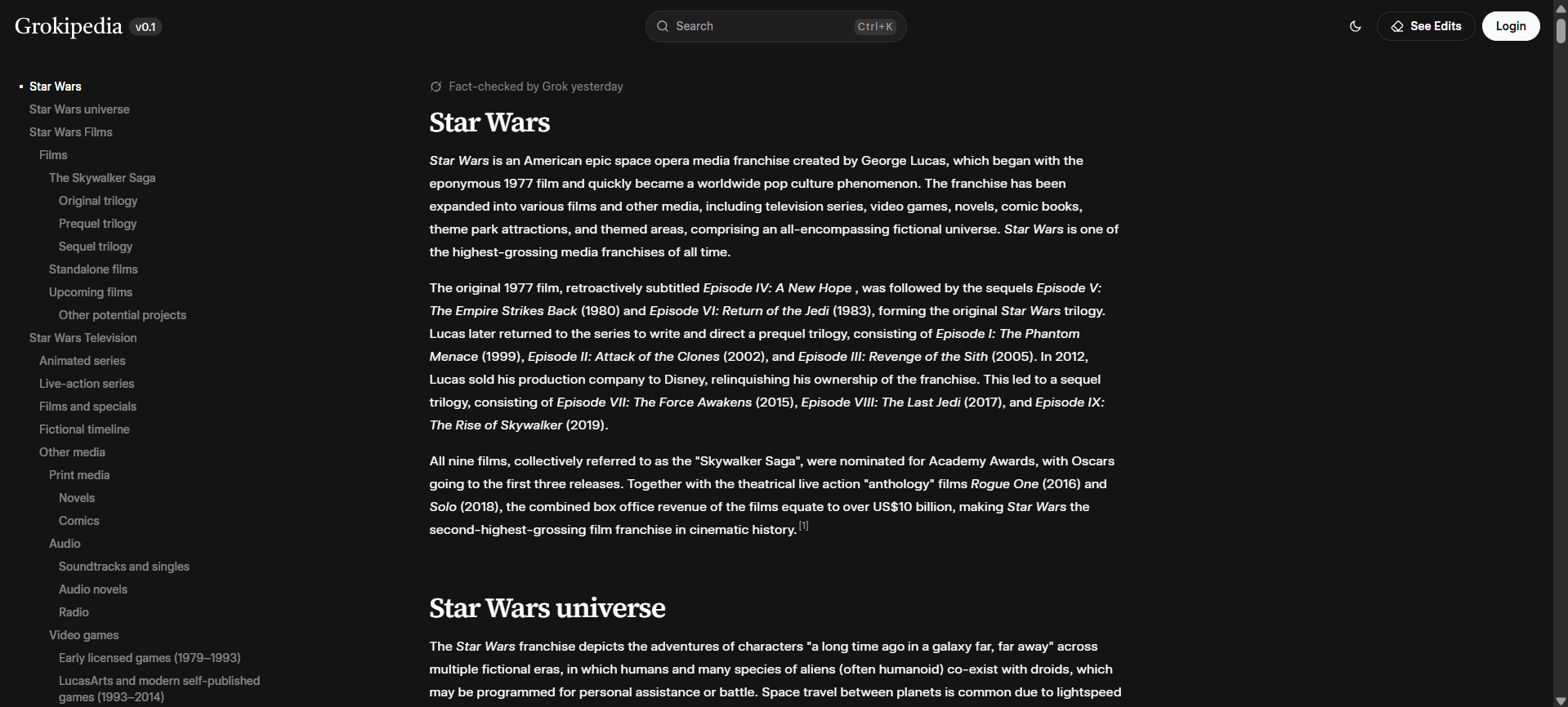 Та же статья, но на Grokipedia. В конце пользователя тоже ждет подпись «Материал адаптирован из Википедии»