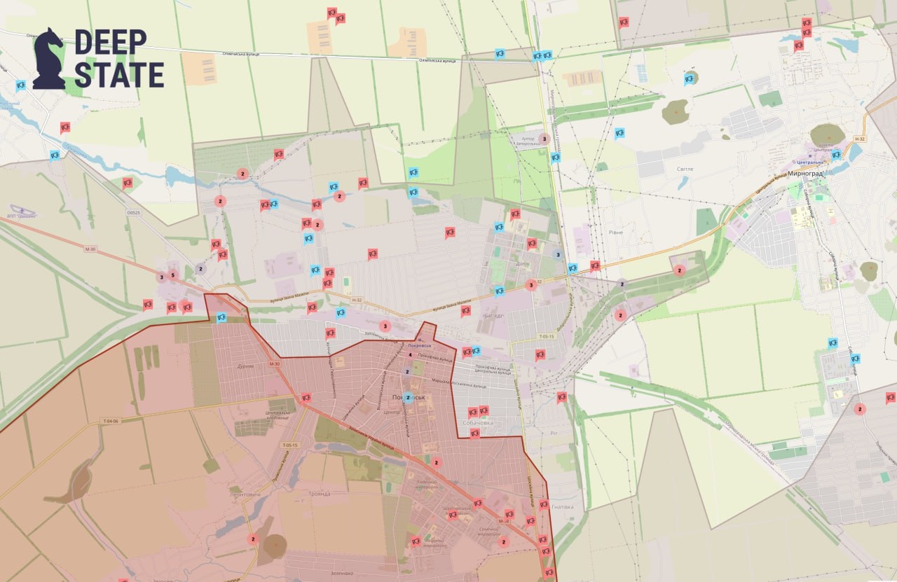 Обнаружение и поражение российских и украинских военных (обозначены красным и синим соответственно) в Покровске (до 2016 года — Красноармейск) за последний месяц