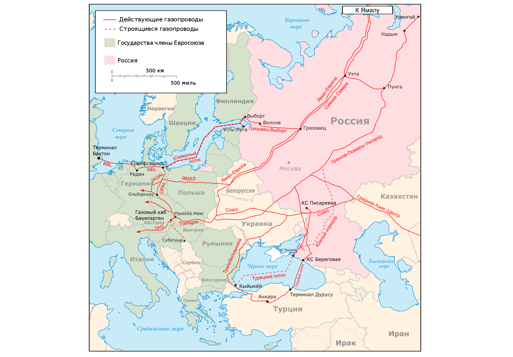 Схема существующих и планирующихся магистральных экспортных газопроводов из России в Европу