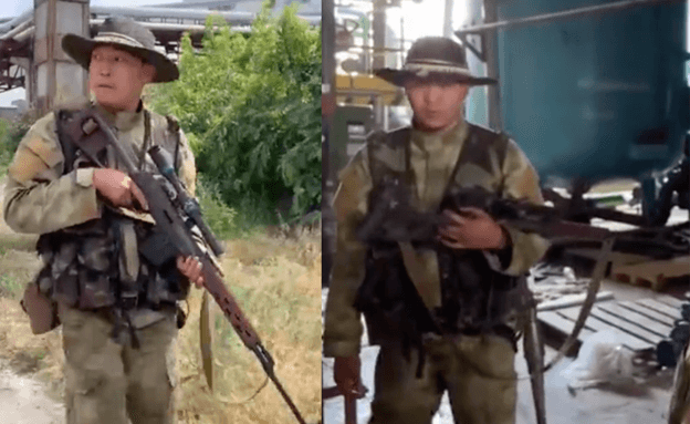 Два скриншота из опубликованного RT видеорепортажа бойцов «Ахмата» на заводе «Азот» в Северодонецке.