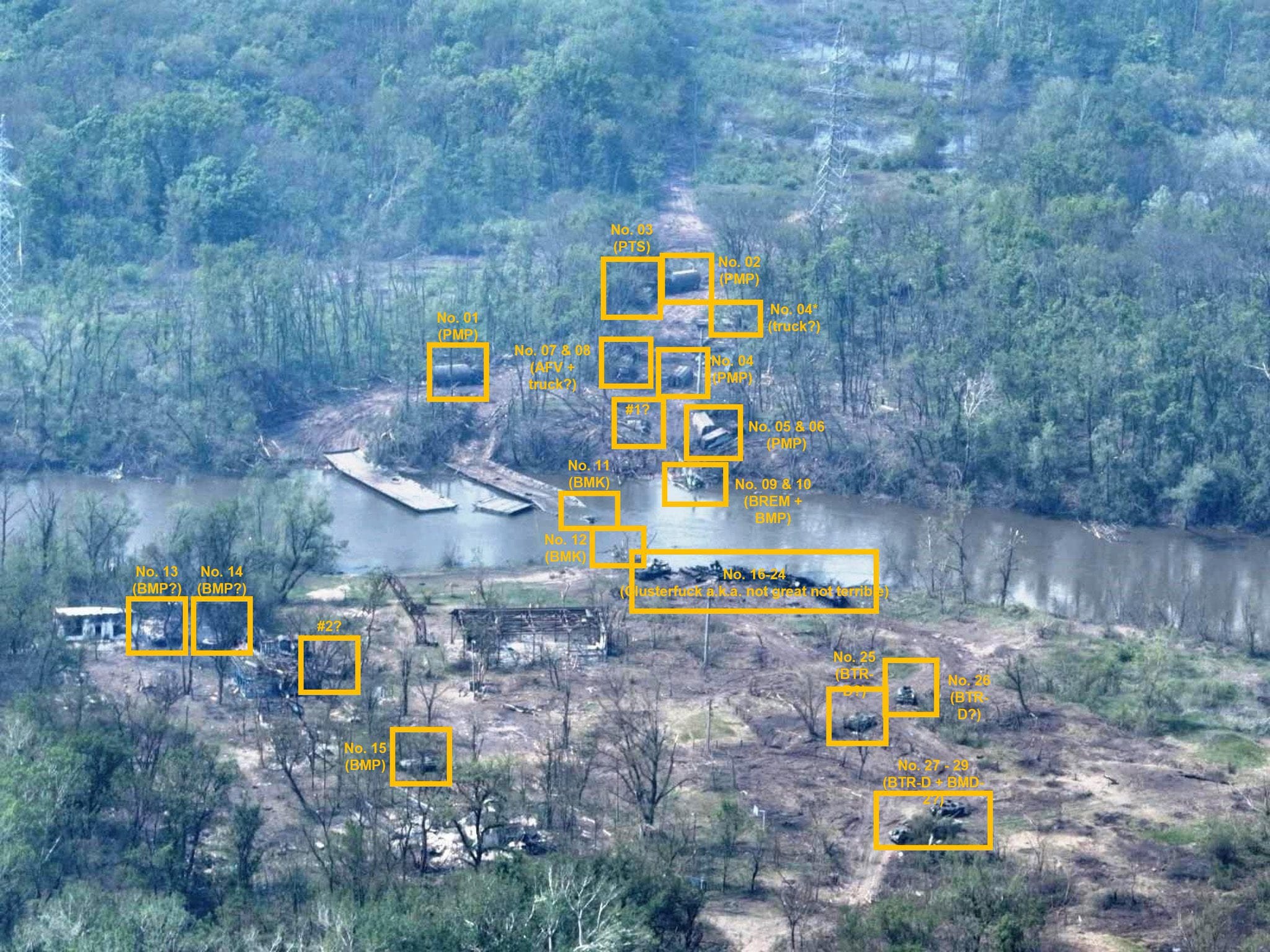 BlueSauron: за четыре дня на переправе через реку Северский Донец были уничтожены или брошены 73 единицы российской военной техники